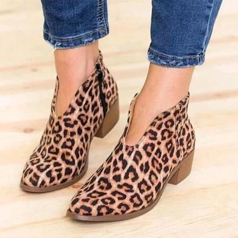 

Women Shoes 2019 Leopard Print Sexy Pointed Toe Ankle Boots Slip on Deep V High Heel Lady Party Dress Shoes
