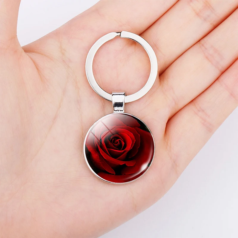 Red Rose Keychain Blooming Black Rose Gem Pendant Natural Flower Art