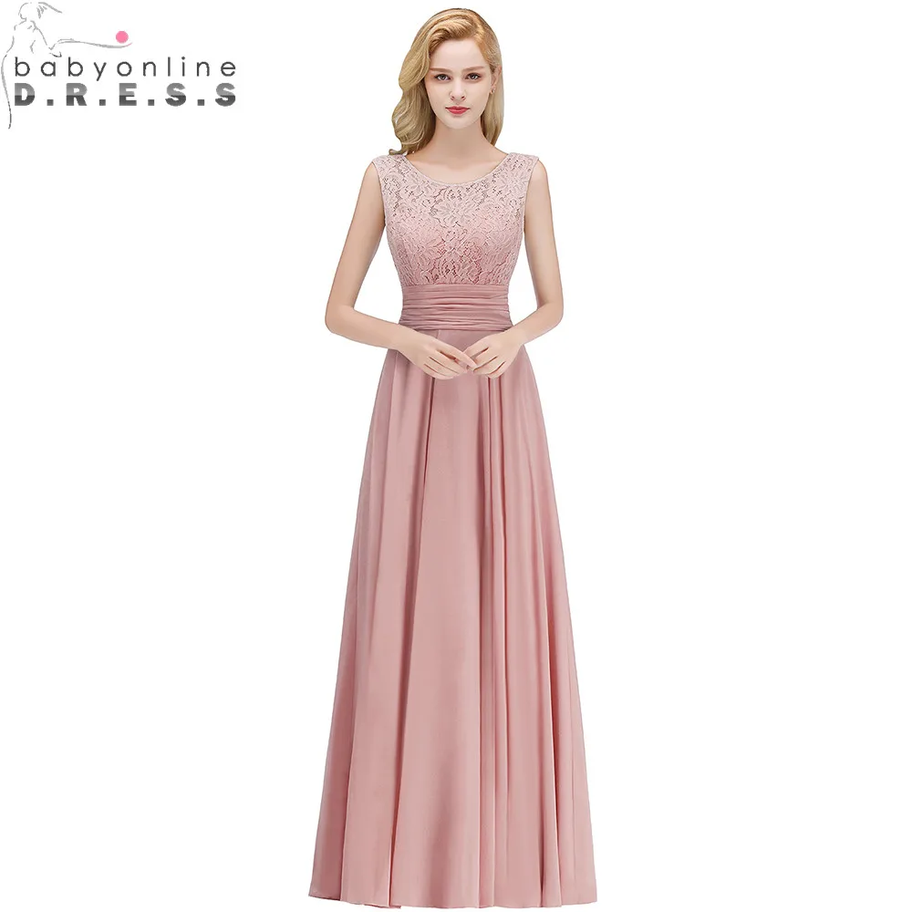 

2019 Elegant Full Lace Bridesmaid Dresses Pleat Back V-Neck Sleeveless Chiffon Wedding Party Dresses Long Prom Gown Dresses