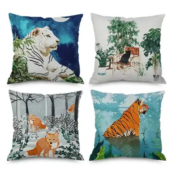 

Hand Painted Watercolor Animal Plush Pillow Tiger Fox Cat Puppy Dog Cushion Green Plant Leaf For Living Room Chair Decoration