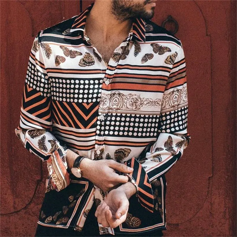 New Men Casual Vintage Print Shirts 2019 Fashion Long Sleeve Polka Dot Striped Print Vintage Fashion Casual Shirt #E23 (5)