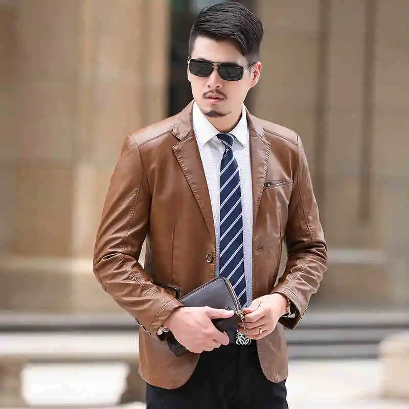 Leather jackets men's suit collar men leather suit slim single breasted