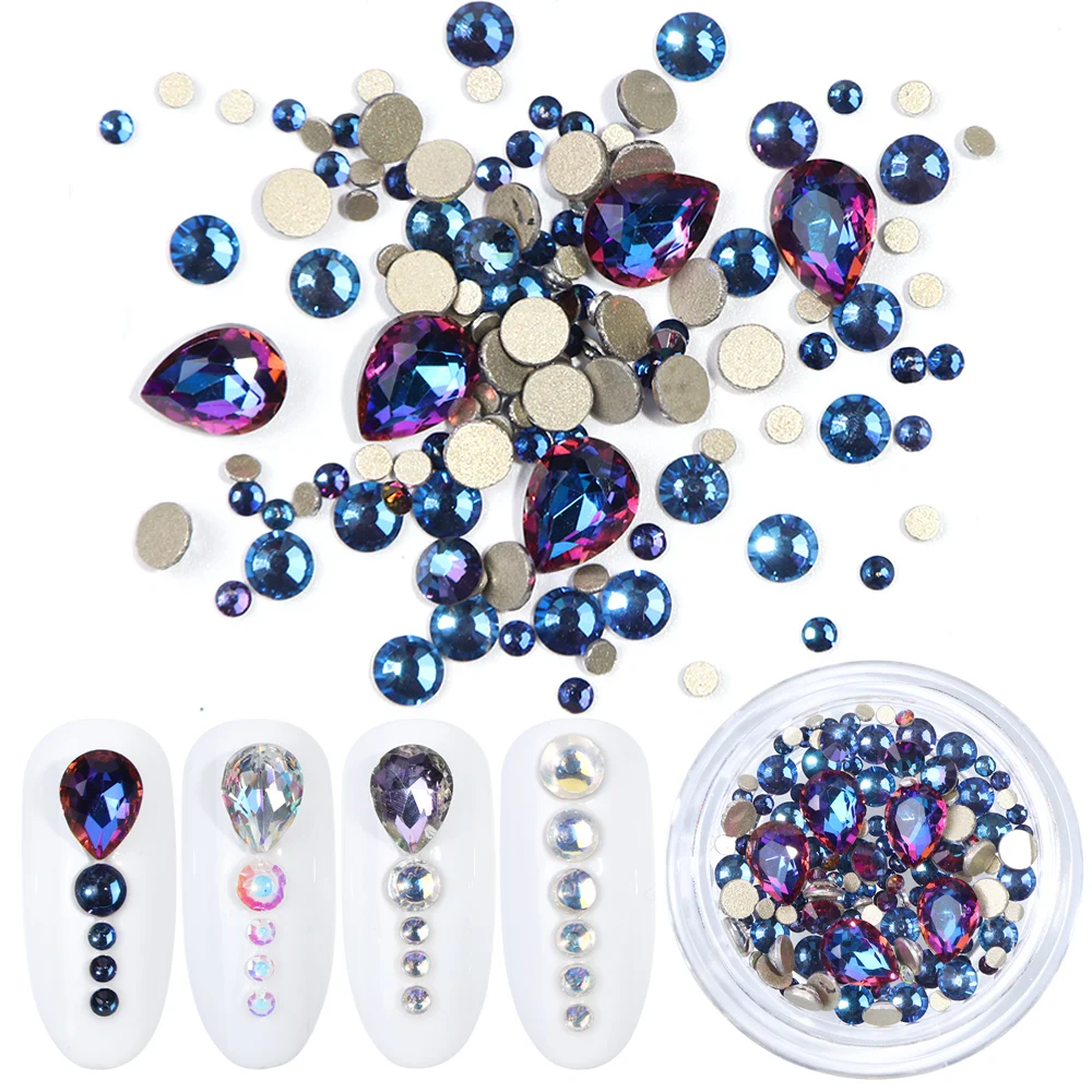 

1 Box Flame Nail Rhinestones Water Drop Crystals AB Clear Non Hotfix Gems Stone Manicure Strass 3D Nail Art Decoration JI070-1