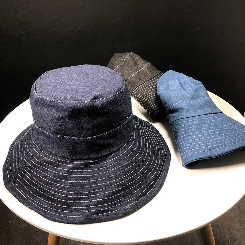 HT1766 винтажные шляпы в стиле ретро, хлопковые джинсовые Панамы, шляпы для рыбалки, мужские и женские шляпы с широкими полями, шляпы от солнца с плоским верхом, Упакованные шапки для рыбаков