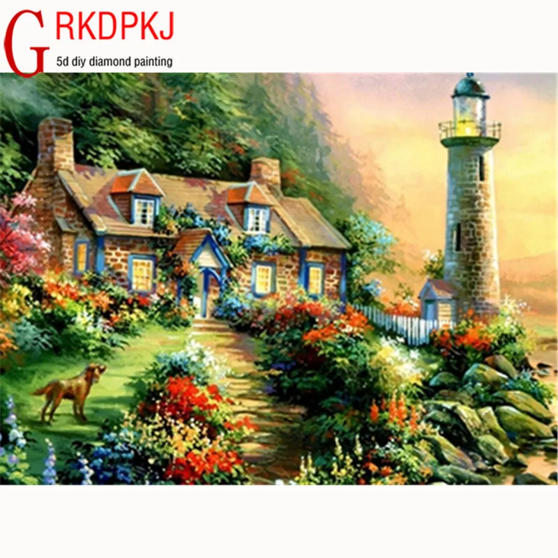 

5D Diy Diamond Painting, Diamond Embroidery,Home Decoration,Mosaic,Rhinestone Painting,Landscape,House,Yard, Flowers, Lighthouse