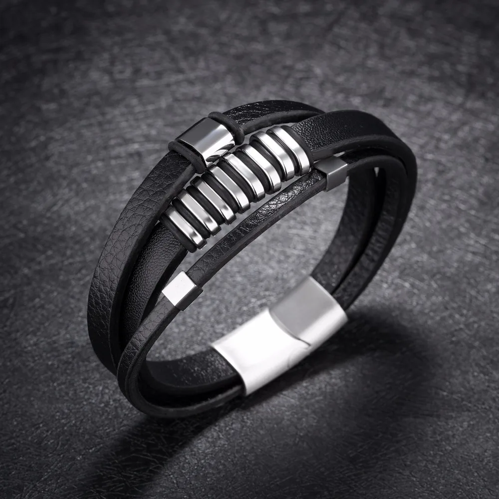 FATE LOVE Fashion Punk Male Men Statement Wrap Bracelet Bangles Jewelry Black Leather Wristlet with Stainless Steel Charm