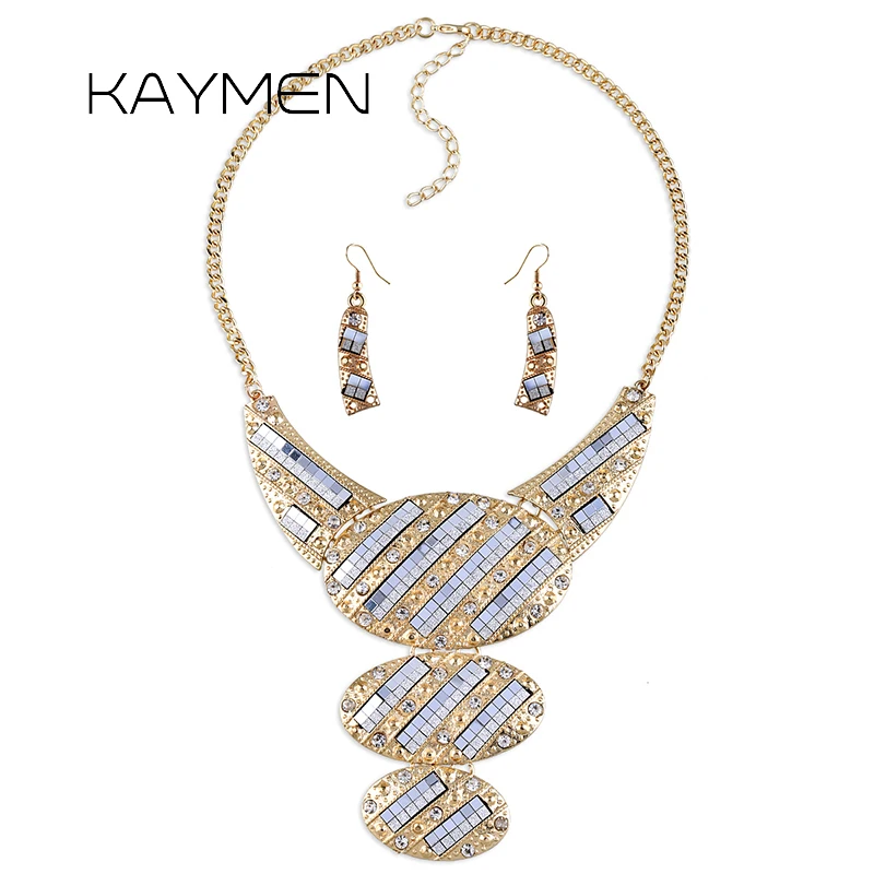 

KAYMEN Zinc-alloy Golden Plated Inlaid Rhinestones 3 Ovals Pendant Necklace for Girls Punk Style Statement Necklace Chokers