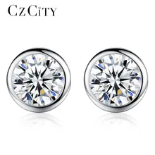 CZCITY Hot Sell Single Round CZ Stone Stering Silver Earrings for Women Classic Cubic Zirconia 925 Silver Ear Stud Party Jewelry