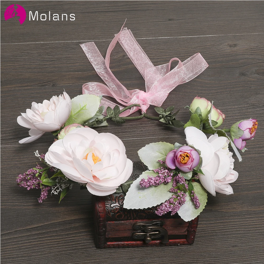 

MOLANS Chic Rose Flower Crown Handmade Bow Ribbon Adjustable Floral Wreath Girls Lovely Leaf Rattan Women Wedding Headpiece