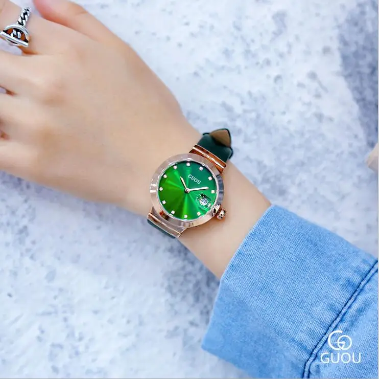 Goedkoop GUOU Horloges Mode Groene Vrouwen Horloges Klassieke Auto Datum Lederen Horloge Vrouwen Dames Horloge relojes para mujer relogio feminino