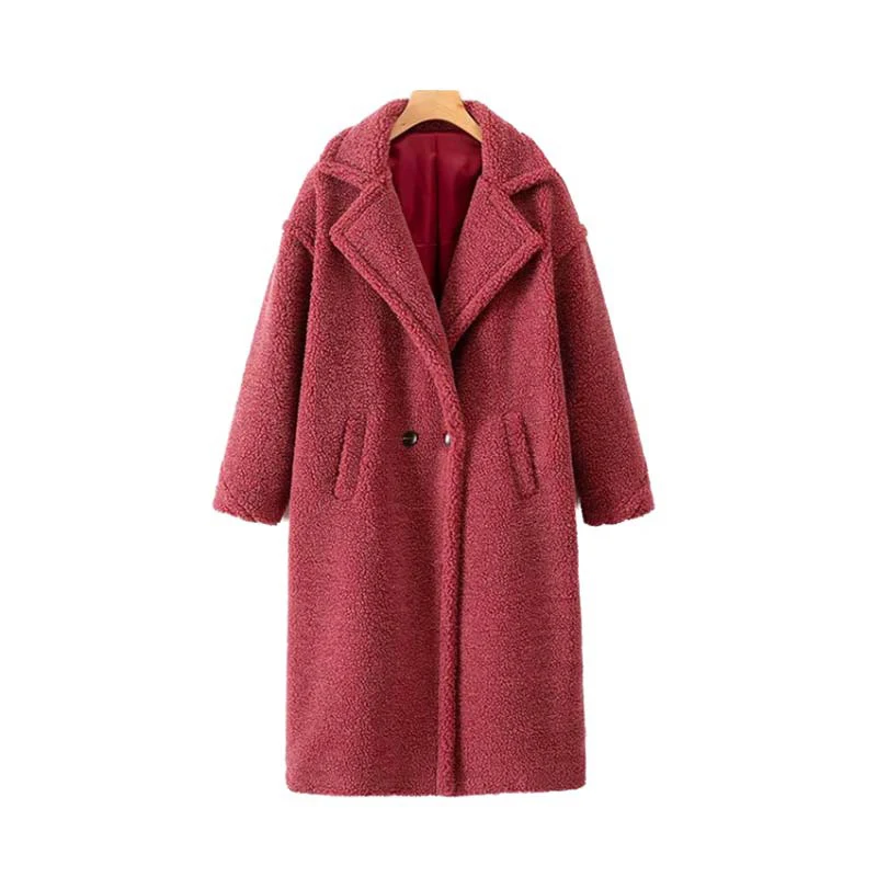 

2019 pink jacket women faux fur thick warm long coat winter pockets double breasted long sleeve outerwear casual streetwear