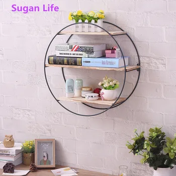 

NEW Multi-grid Circular Wood Iron Shelf Round Flower Wall Mounted Storage Rack Organization For Bedroom Kitchen Home Decor