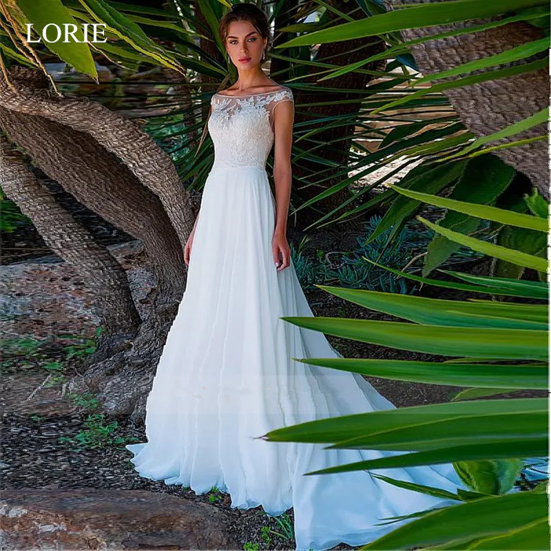 

LORIE 2019 A-line Wedding Dress Chiffon With Lace Appliques Beach Bridal Dress Long sleeve White Ivory Illusion vestido de noiva