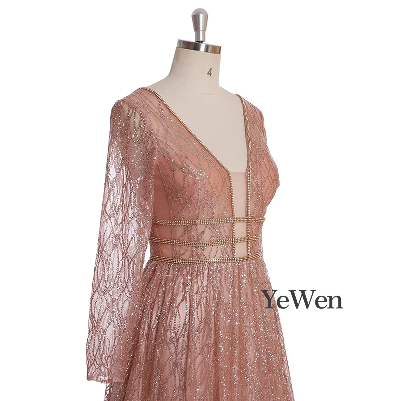 Дубай роскошный дизайн белый/розовый золотой вечерние платья v-образным вырезом с длинным рукавом бисером расшитые блестками вечерние платья YeWen