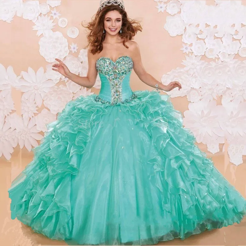 Mint Green Quinceanera Dress Ball Gown luxury Tiered Ruffle Beads and ...