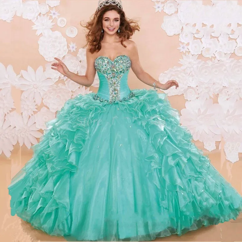Mint Green Quinceanera Dress Ball Gown luxury Tiered Ruffle Beads and