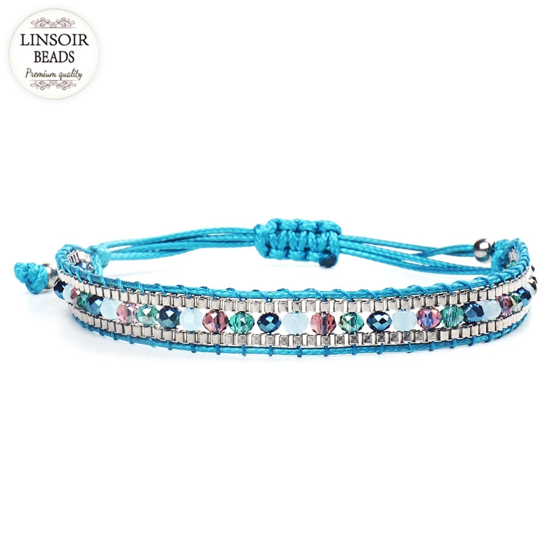 

LINSOIR Bohemia Handmade Colorful Multicolor Japanese Rice Seed Beads Charm Bracelets Bangles Blue Rope Chain Bracelet 5 Style