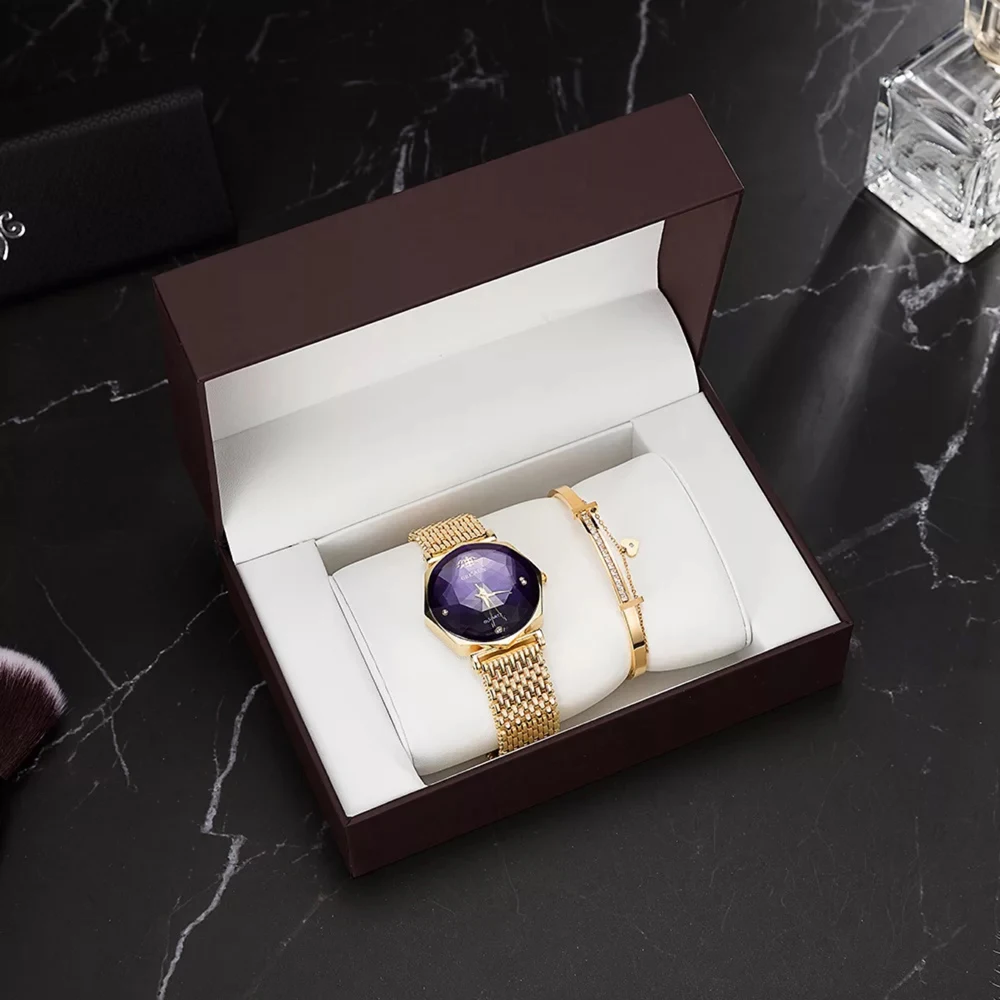 

High Quality Plated gold rhinestones watches women stainless steel bracelet heart-shaped pedant 2 Pcs sets with gift box Ladies
