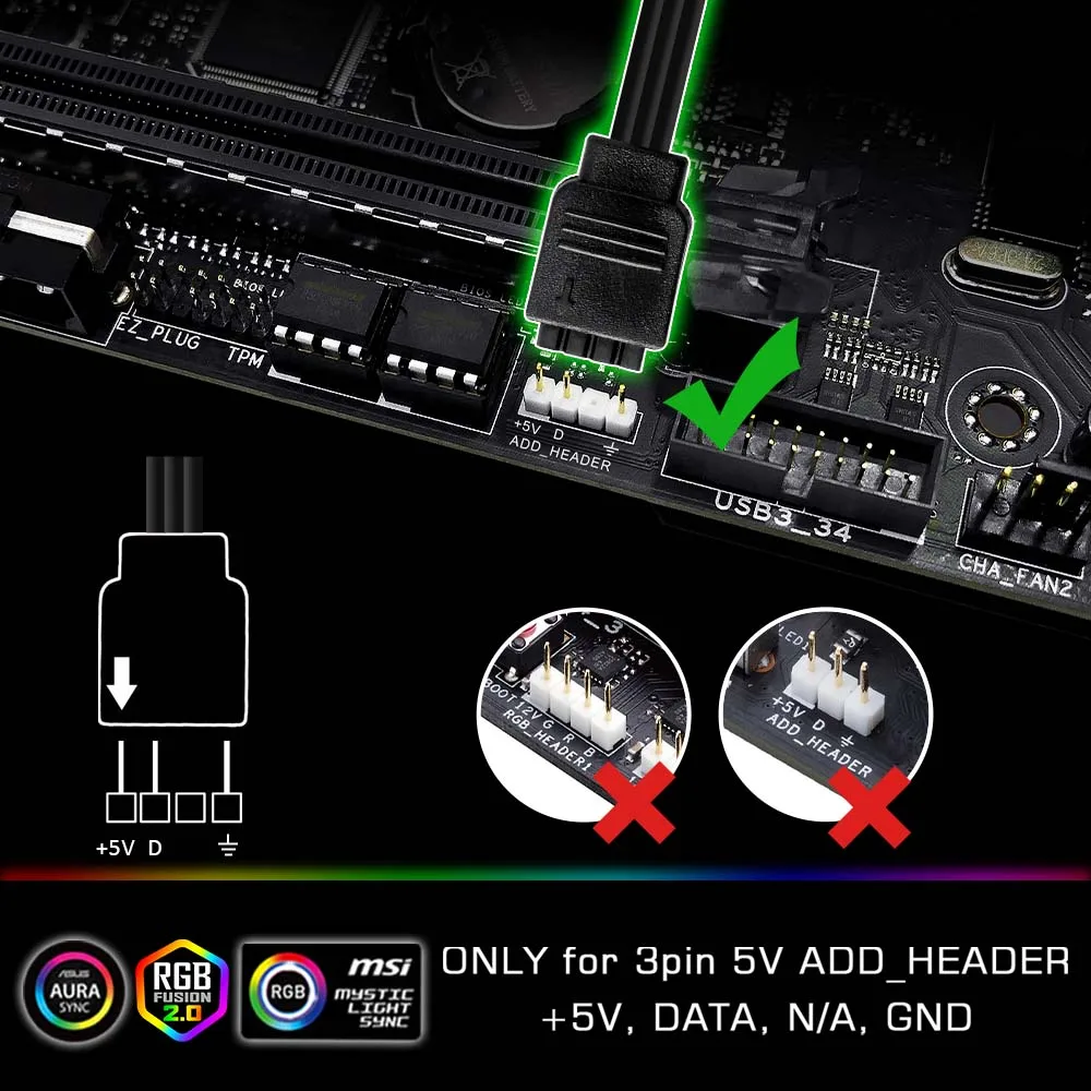 Dream color WS2812b Светодиодная лента для ПК, для ASUS Aura SYNC, MSI Mystic светильник SYNC, GIGABYTE RGB Fusion 5V 3Pin коннектор на материнской плате - Испускаемый цвет: 5V DATA NA GND