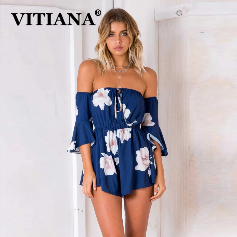 

VITIANA 2019 Newest Women Fashion Beach Casual Sexy Print Playsuit Off Shoulder Party Bodycon Jumpsuits Rave Festival Clothing