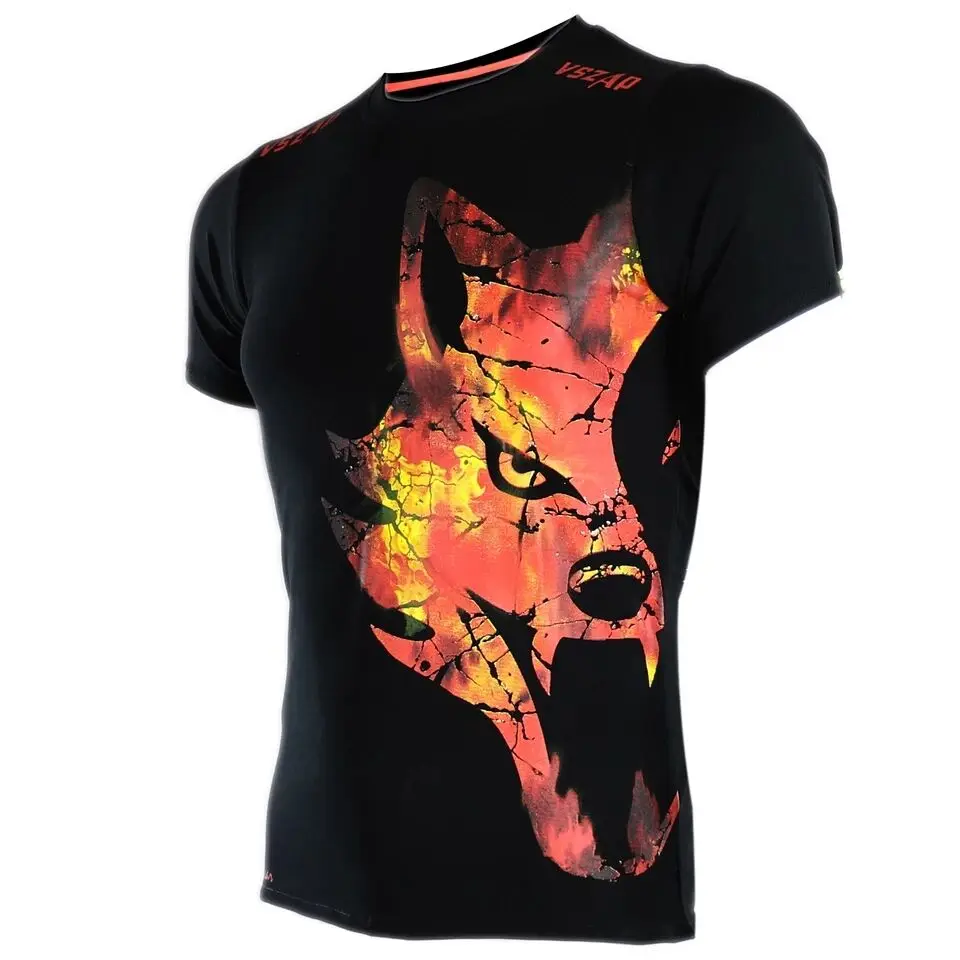 VSZAP акция, футболка с короткими рукавами, футболка MMA, футболка муай-тай кикбоксинг, Огненный волк, черный хлопок - Цвет: Black