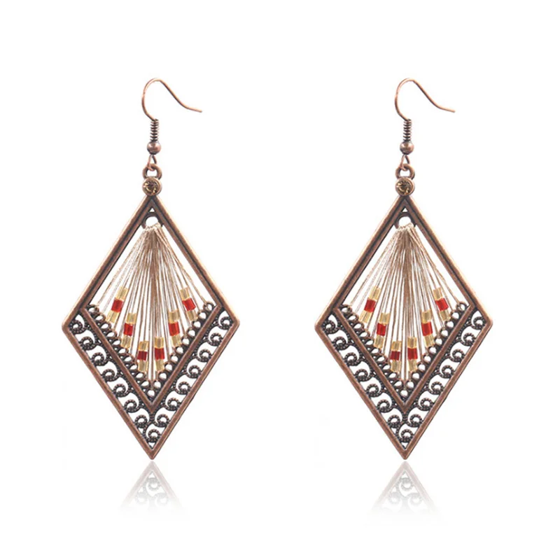 Модные женские этнические шелковые ромбовидные серьги из сплава с бусинами модные ювелирные изделия винтажные цыганские серьги Бохо
