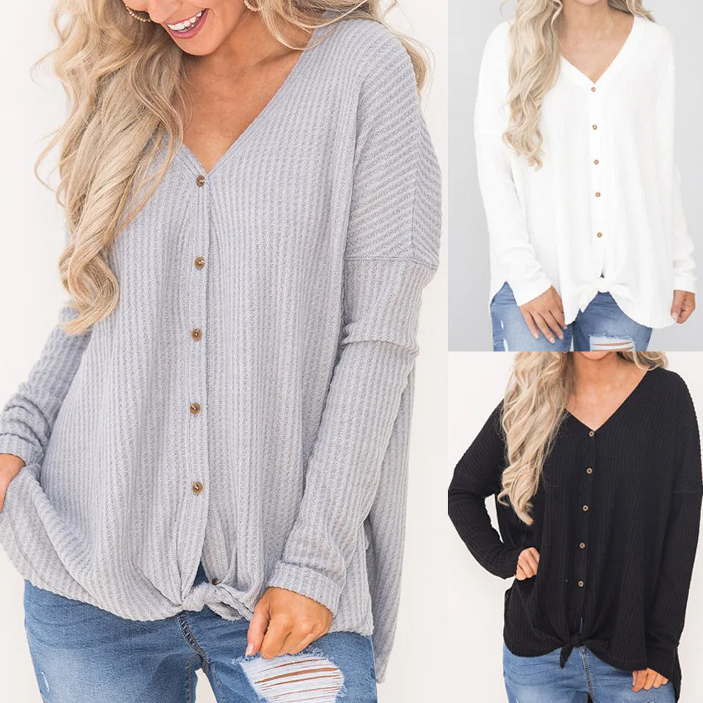 

Sweater 2019Top Womens Loose Knit Tunic Blouse Tie Knot Henley Tops Bat Wing Plain Shirts