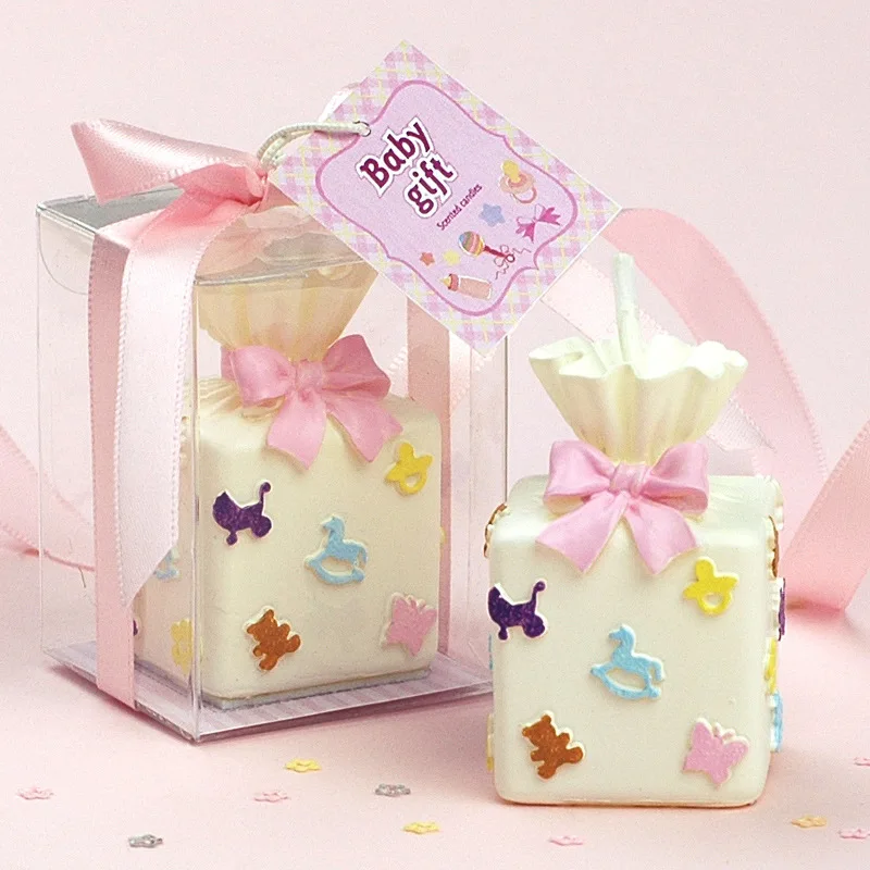 

gift box shaped smookless candle with cartoon print baby shower baptism party favor children birthday gift present