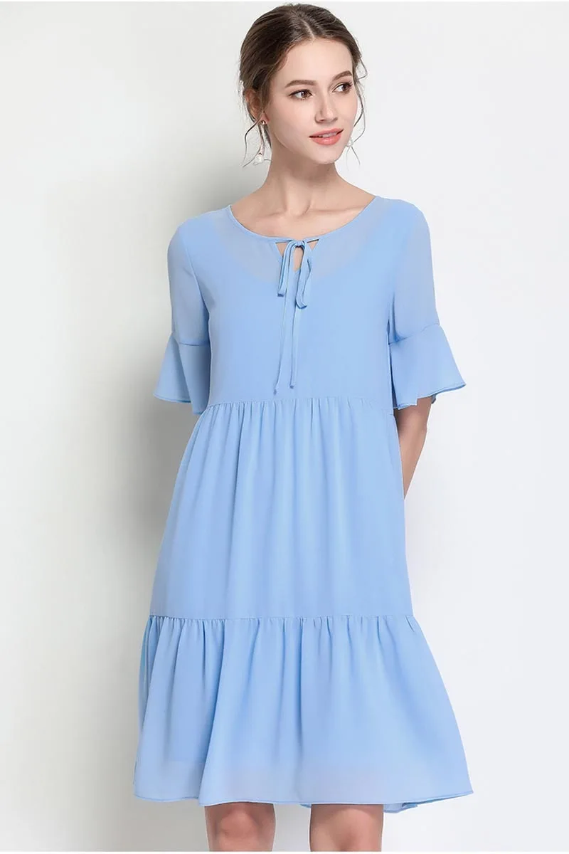 Летнее шифоновое платье, женская одежда, синее платье на шнуровке с v-образным вырезом и расклешенным коротким рукавом, ТРАПЕЦИЕВИДНОЕ ПЛАТЬЕ размера плюс 5XL 4XL 3XL 2XL XL L