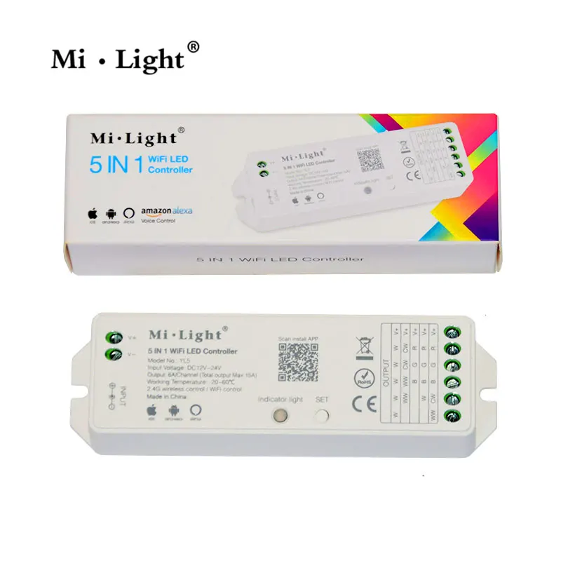 

mi light YL5 5 in 1 LED WIFI Controller For RGB RGBW RGB CCT Single color led strip light Amazon Alexa Voice phone App Remote