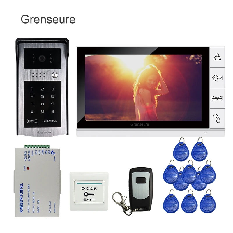 

Free Shipping 9 inch LCD Screen Video Door Phone Intercom Kit + Outdoor RFID Code Keypad Number Doorbell Camera + Remote + Power