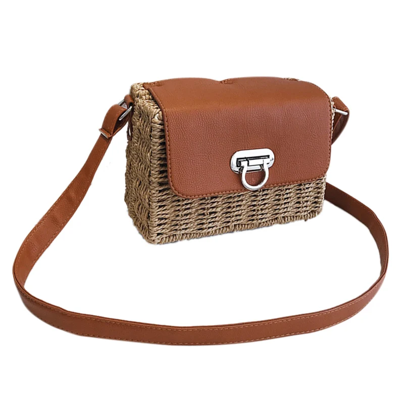 

LJL Women's woven Casual handbags Handmade Straw Bag+PU Leather girls Vintage Square Straw Crossbody Bag Weaving shoulder bag