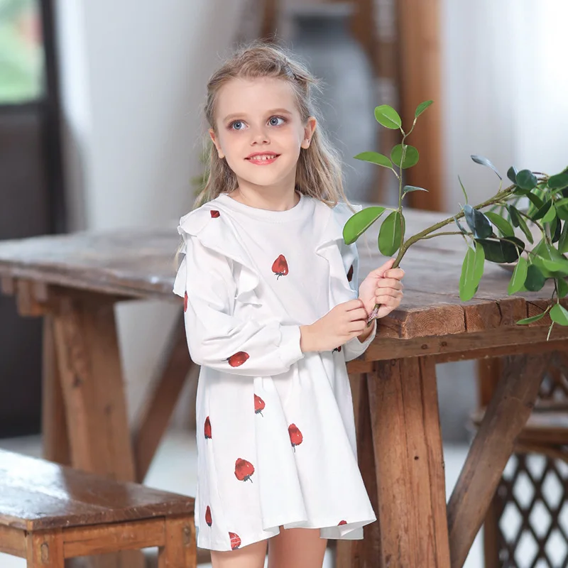 Girls Long Sleeve Dress Autumn Spring Cotton Cartoon Strawberry Dresses for Kids Ruffled White Children's 2-8 years | Детская одежда