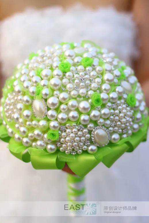 8 дюймов пользовательские зеленый и белый жемчуг кристалл брошь букет невесты невесты ювелирных изделий пряжи лента букет невесты букеты