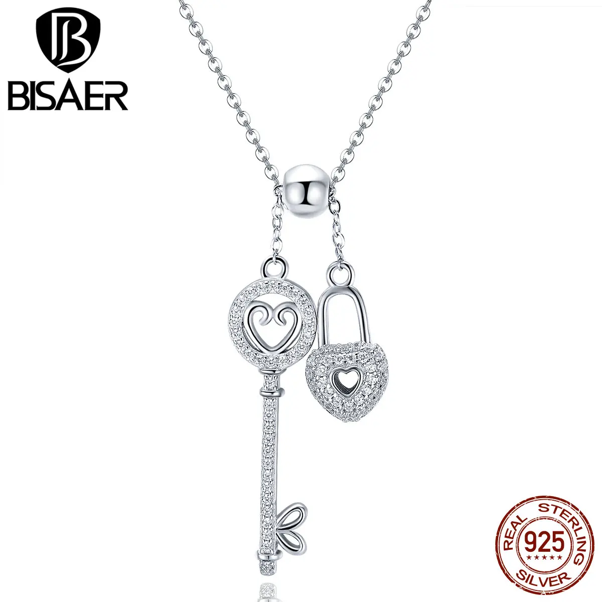 BISAER, 925 пробы, серебряное ожерелье с замком, подвеска s для женщин, прозрачный кубический циркон CZ, женское ожерелье, ювелирное изделие ECN290