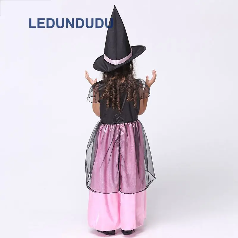 Children Halloween Fancy Party Suit Girls Magic Witch Dress Kids Rose Witch Cosplay Costume with Hat  (5)