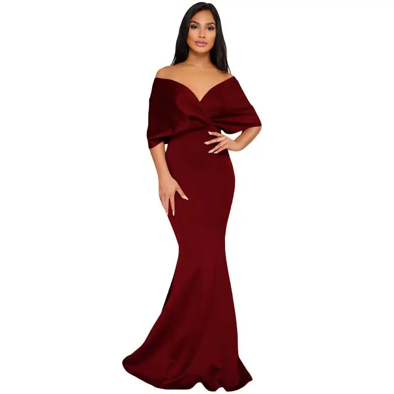 ADEWEL Elegant Women Off Shoulder Formal Party Dresses Vintage Cross Pleated Sleeve Sexy Maxi Dress Vintage Mermaid Long Dress (6)