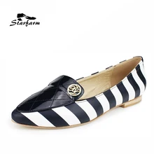 STARFARM Real Leather Flats Pointed Toe Ballet Zebra Style Stripes Patent Loafers Dough Boat Shoes Women Shoes Woman Black New