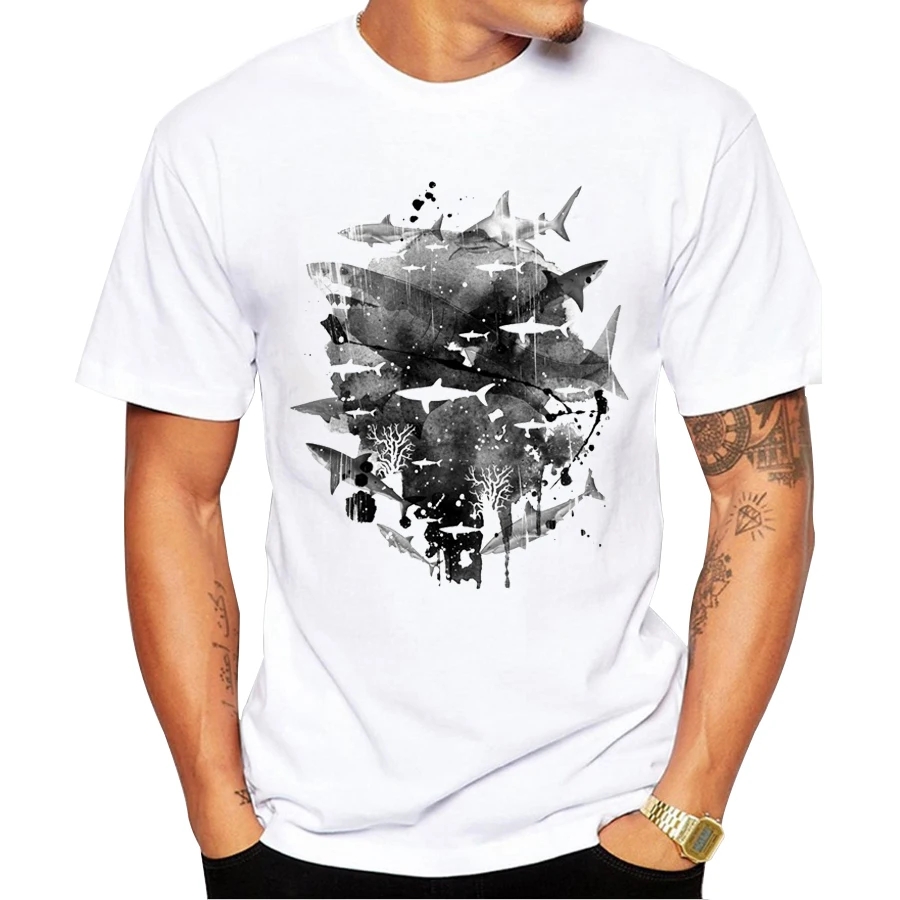 Мужская футболка с коротким рукавом для школы челюстей, новая модная футболка с принтом акулы, топы с круглым вырезом, крутые Ретро футболки - Цвет: 1636