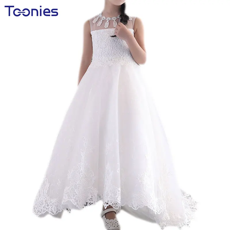 

White Flower Embroidery Girl Dress Big Bow Child Wedding Wear Ceremony Clothes Party Trailing Dresses For Girls Frocks Costume