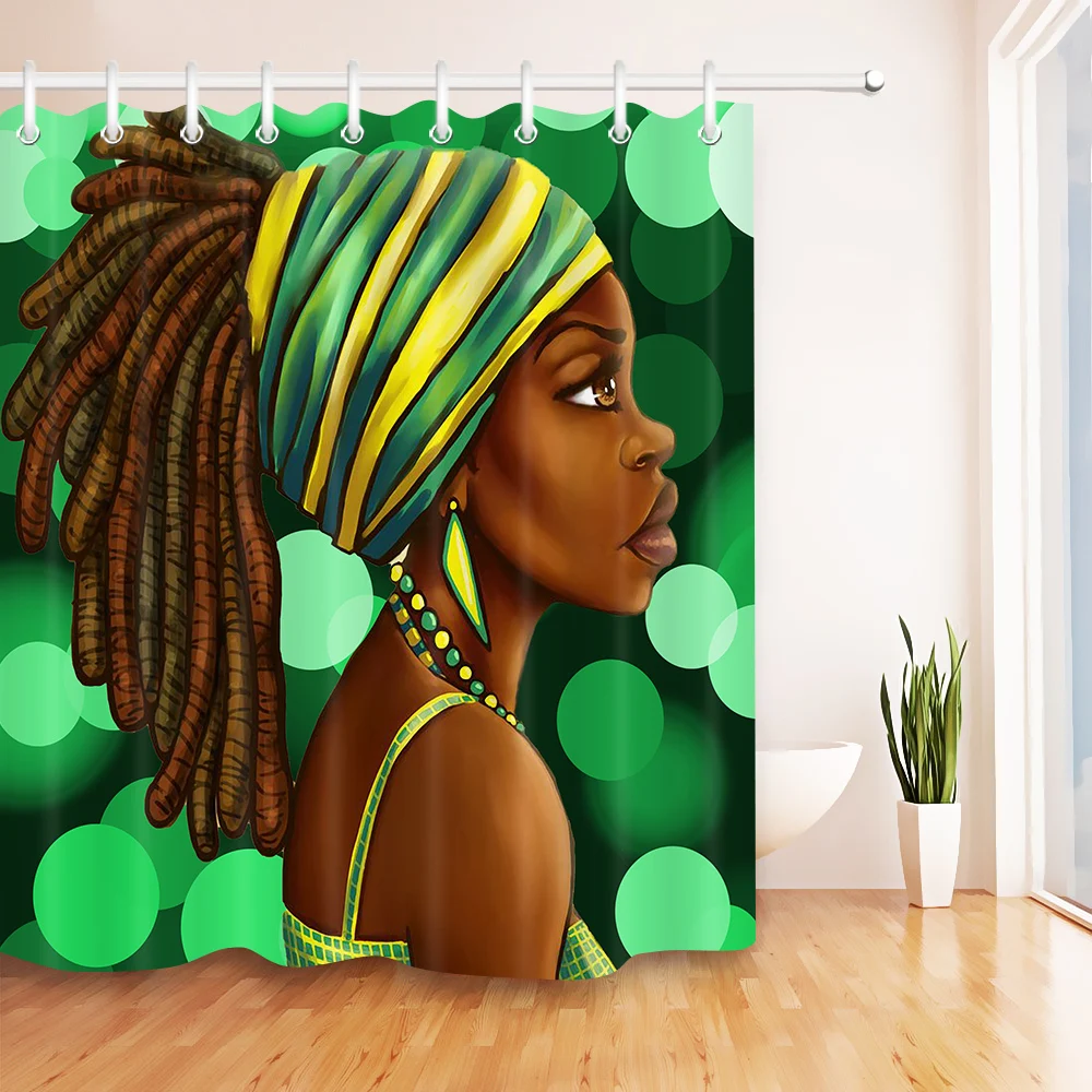 Turban Afro Hairstyle African Black Girl Shower Curtain Liner Polyester Fabric 