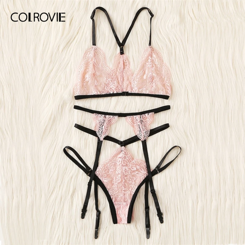 COLROVIE Pink Harness Garter Lace Sexy Intimates Women Lingerie Set 2019 Wireless Cute Transparent Ladies Underwear Bra Set