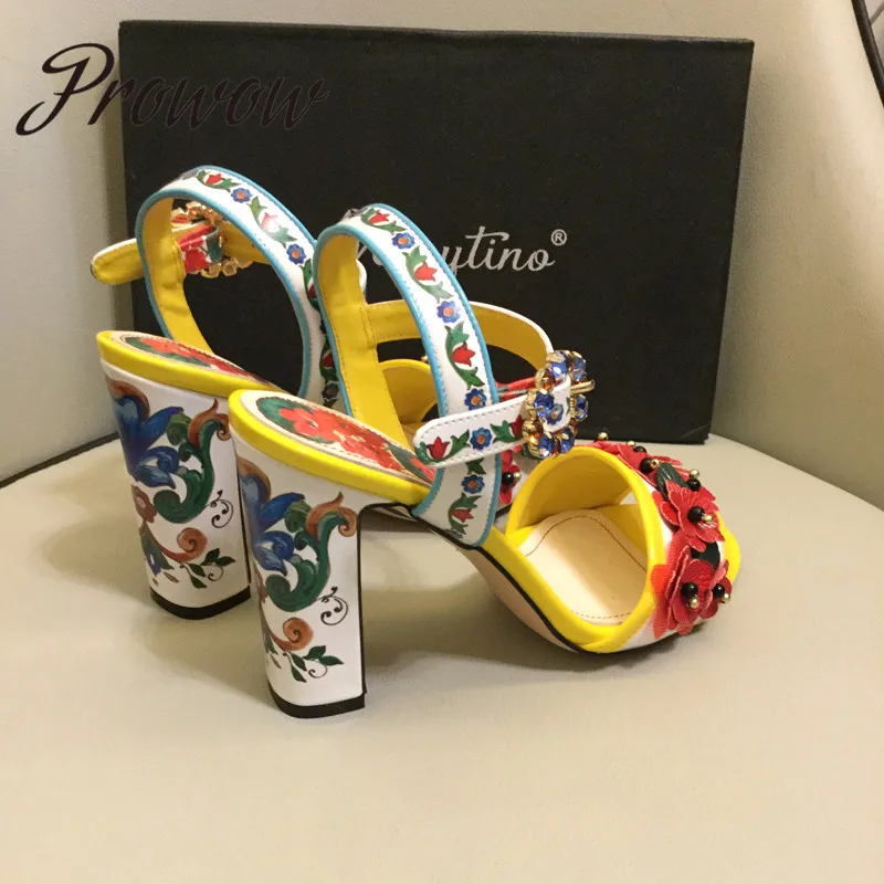 

Loney New Genuine Leather Printed Floral Summer Sandals Jewel Buckle Strap HIgh Heel Sandals Shoes Women