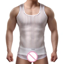 Майки Топы мужские сетчатые облегающие мужские майка, одежда Бодибилдинг Прозрачная майка для фитнеса полосатые футболки