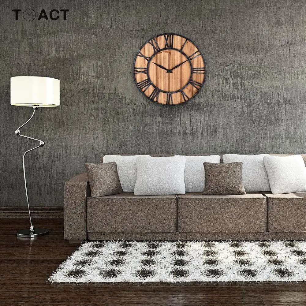 Европейские деревянные металлические настенные часы кварцевые деревянные большие настенные часы Размер немой гостиной украшение дома современный дизайн