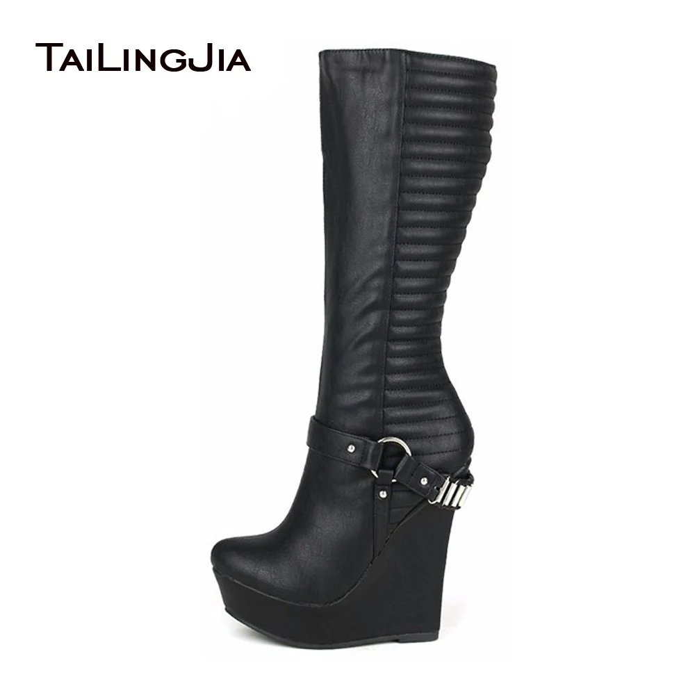 tall black boots with wedge heel