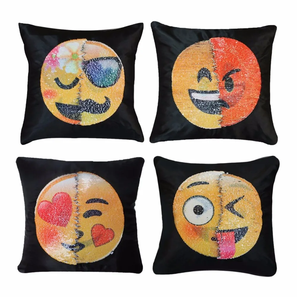 

Cute DIY Changing Face Emoji Decorative Pillows Sequin Pillow Smile Face Cushion Household Decorations Gift