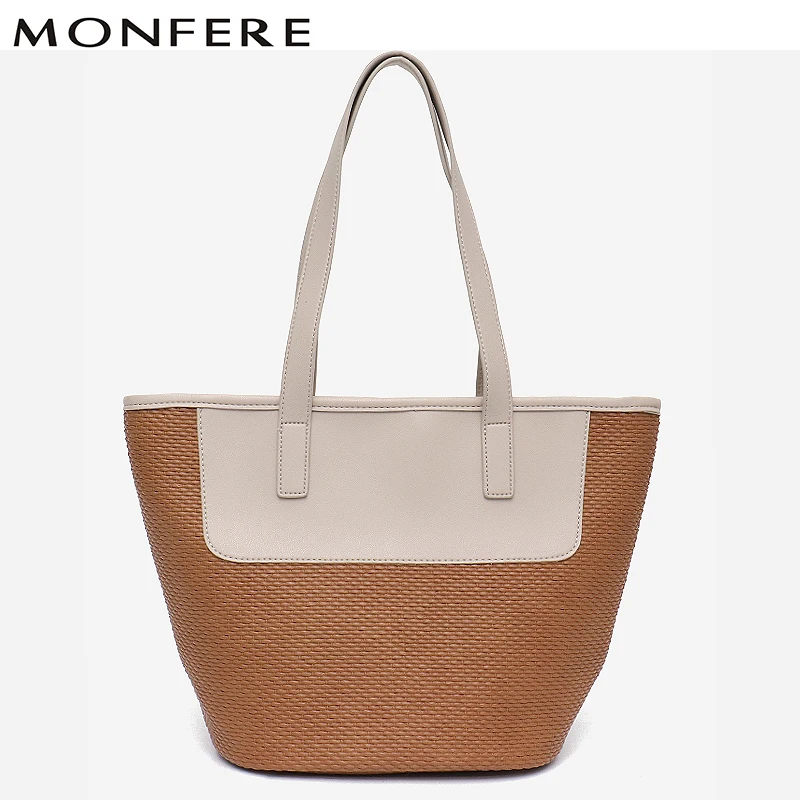 

MONFERE Female Shoulder Bags Women Large Contrast Color Pressed Woven Pattern Tote Bags Girl Shopping Handbags Patchwork Bucket