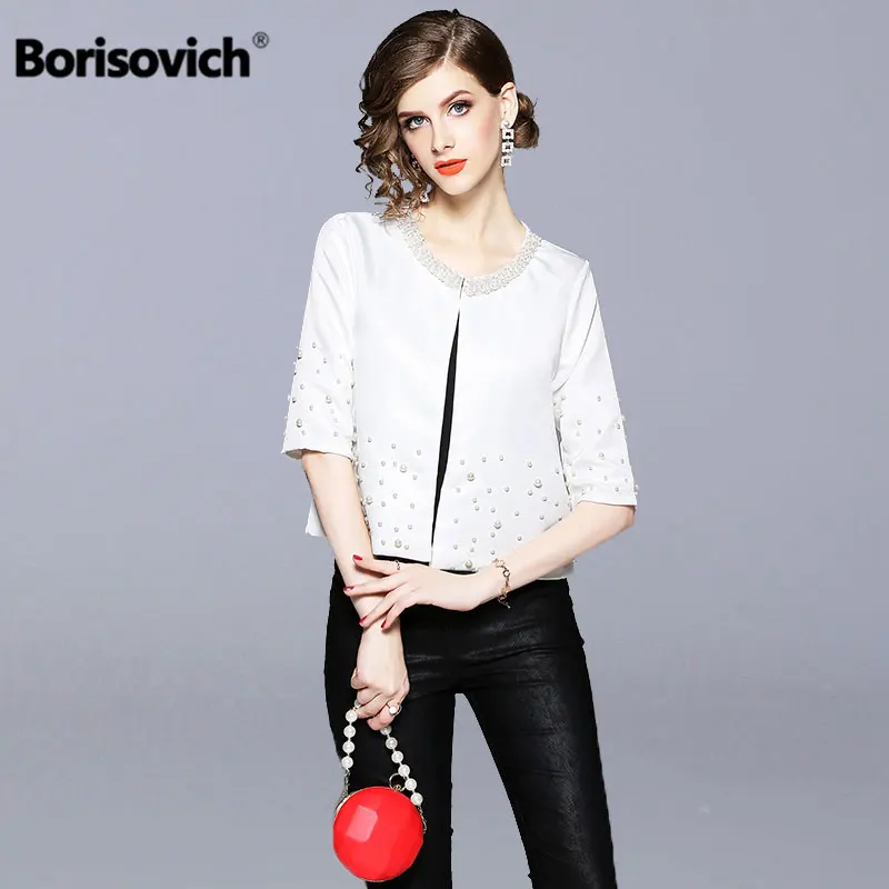 

Borisovich Women Short Casual Jacket New Brand 2018 Autumn Fashion Half Sleeve Beading Elegant White Female Outerwear Coats M968