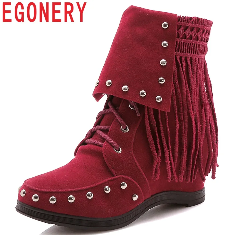 

EGONERY Rivet Fringe ankle boots woman 34-43 Spring Winter plus Bohemian National style Height Increasing 6.5cm women shoes